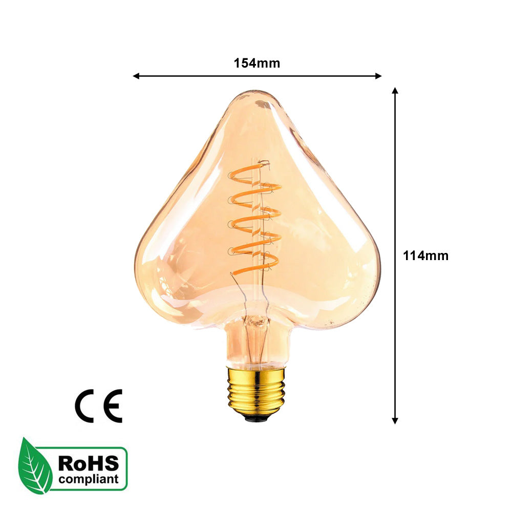E27 4W Heart Shaped Edison Non Dimmable LED Bulb - Vintage Amber - Warm White - 3 Pack