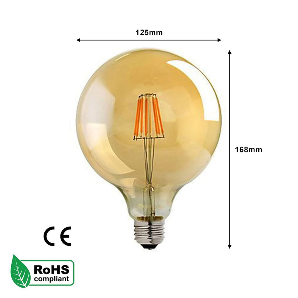 G125 E27 8W Edison Dimmable LED Bulbs - Vintage Amber - Warm White - 5 Pack