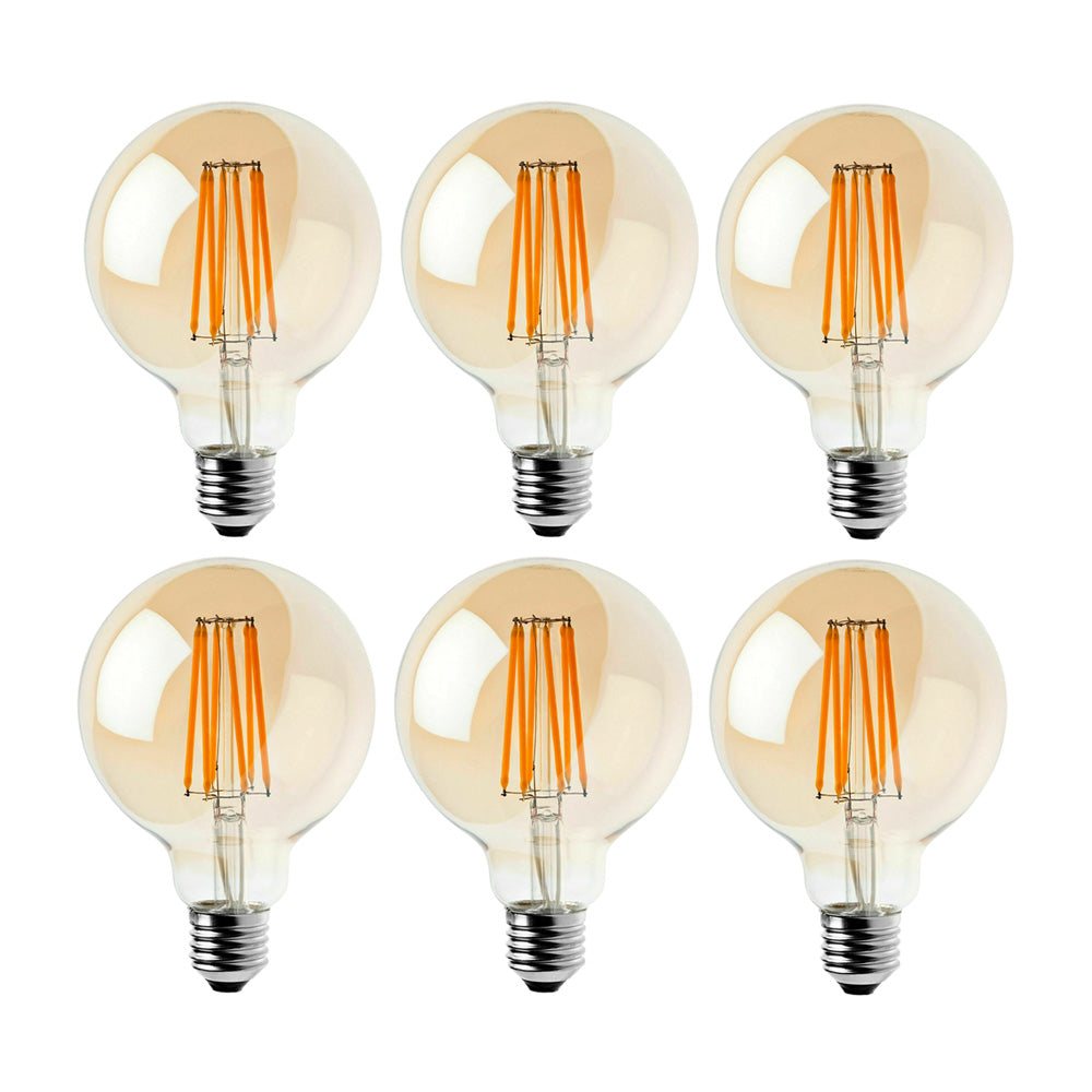 G95 E27 8W Edison Dimmable LED Bulbs - Vintage Amber - Warm White - 6 Pack