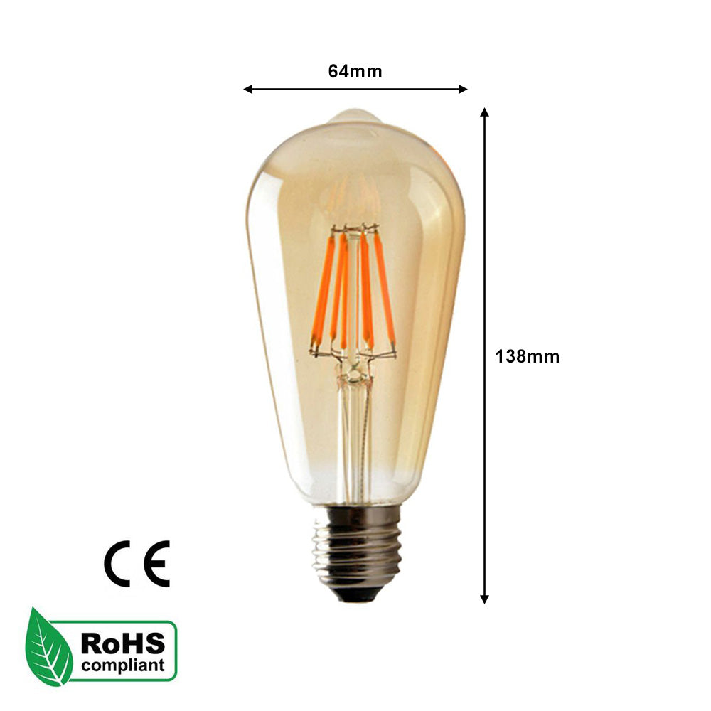 ST64 E27 6W Edison Dimmable LED Bulbs - Vintage Amber - Warm White - 6 Pack