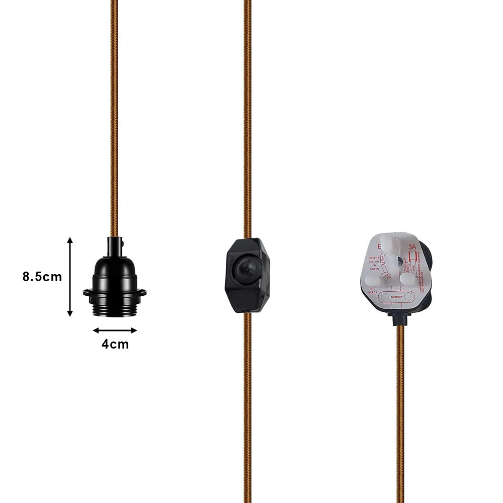 Black E27 Vintage Plastic Lamp Holder with 2m Gold Fabric Cable - UK Plug & Dimmer Switch