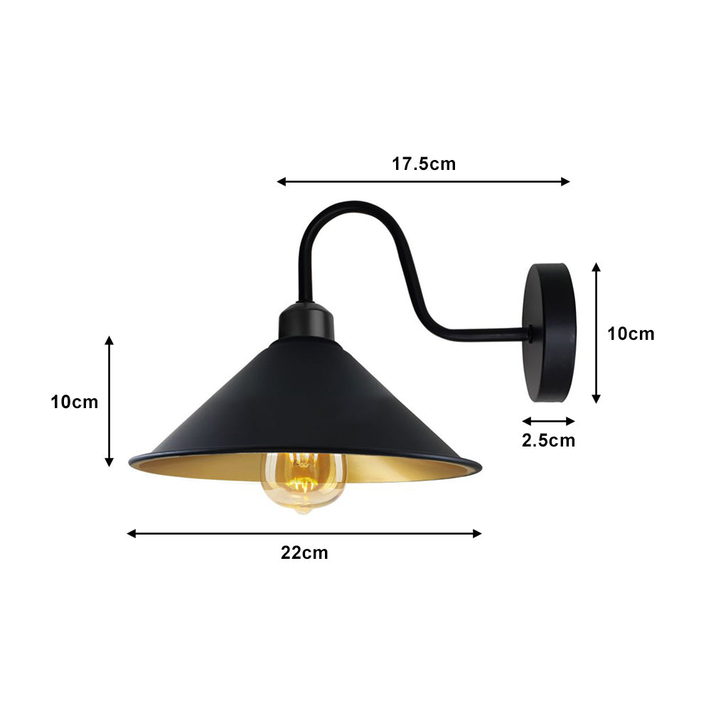 Black (Gold Inner) Cone Retro Swan Neck Wall Light - With Bulb