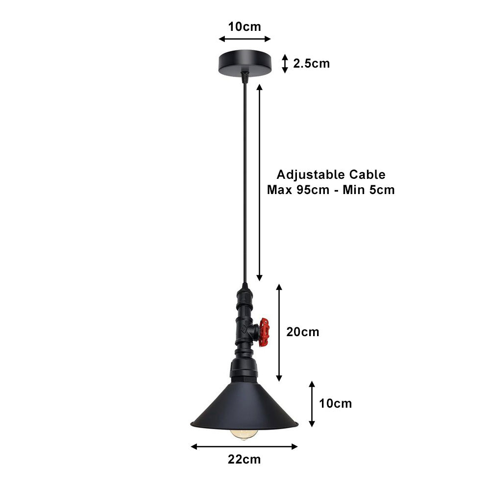 Black Pipe Steampunk Pendant Light - With Shade
