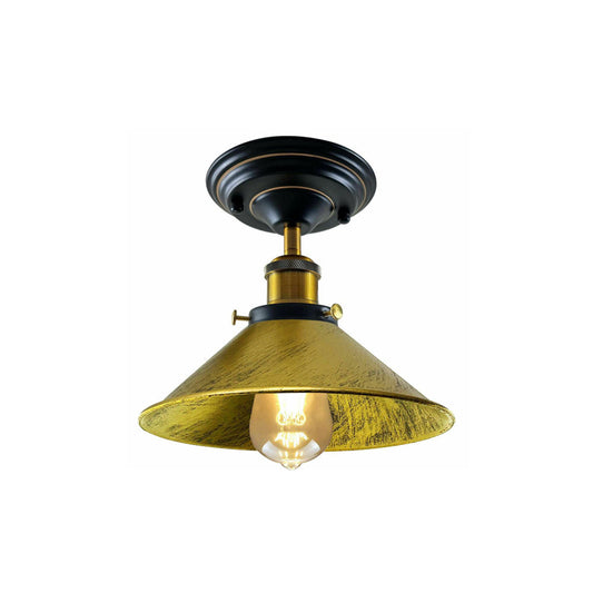 Brushed Brass Cone Vintage Style Ceiling Light - Flush Mounted