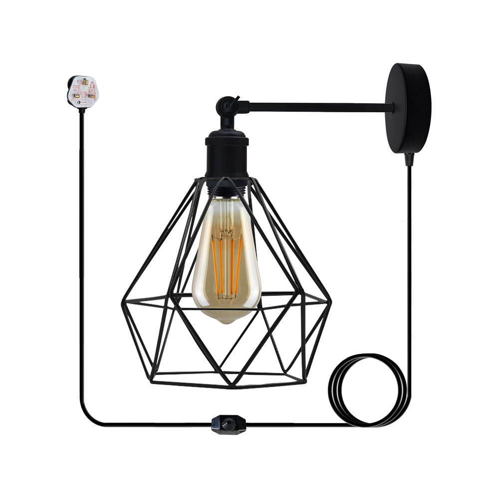 Diamond Cage Style Black Plug In Wall Light