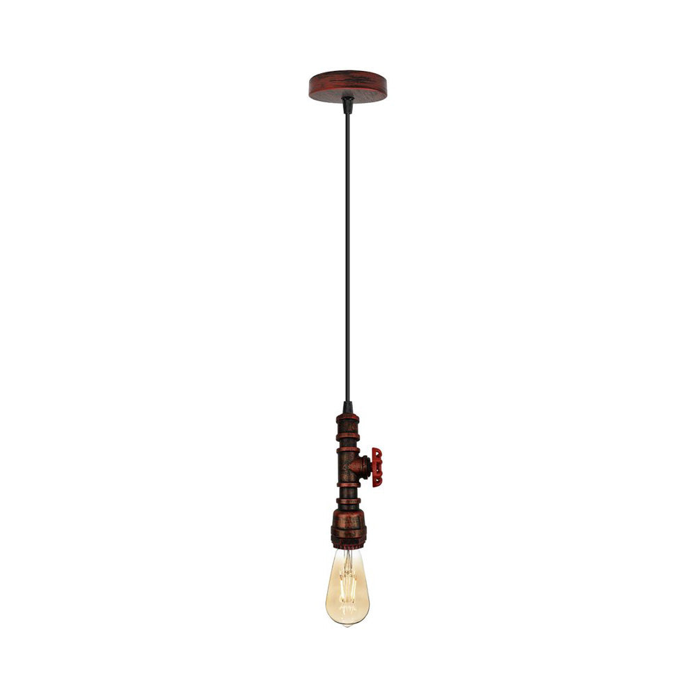 Rustic Red Pipe Steampunk Pendant Light - Exposed Bulb