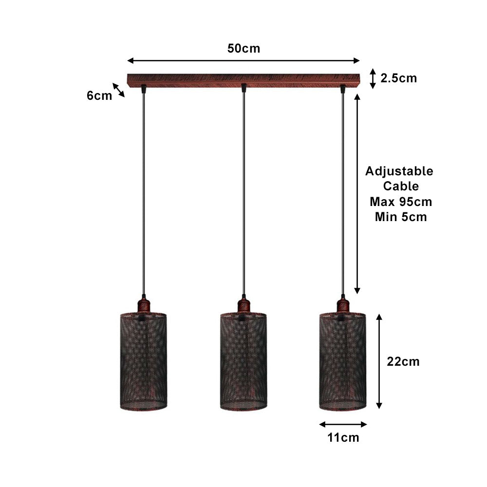 Rustic Red Cage Cylinder 3 Light Pendant - With Bulbs