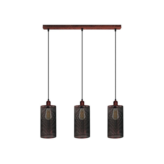 Rustic Red Cage Cylinder 3 Light Pendant - With Bulbs