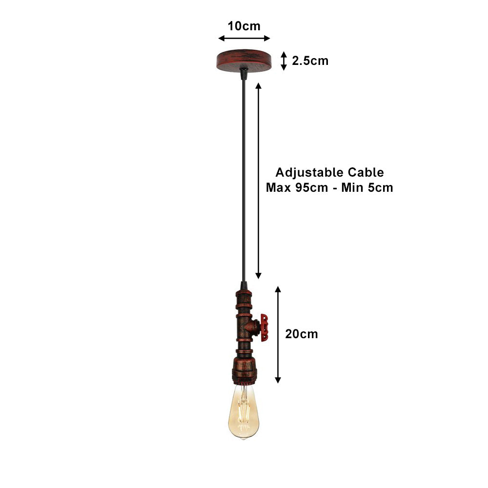 Rustic Red Pipe Steampunk Pendant Light - Exposed Bulb