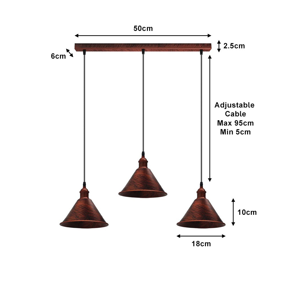 Rustic Red Short Cone 3 Light Pendant - Without Bulbs