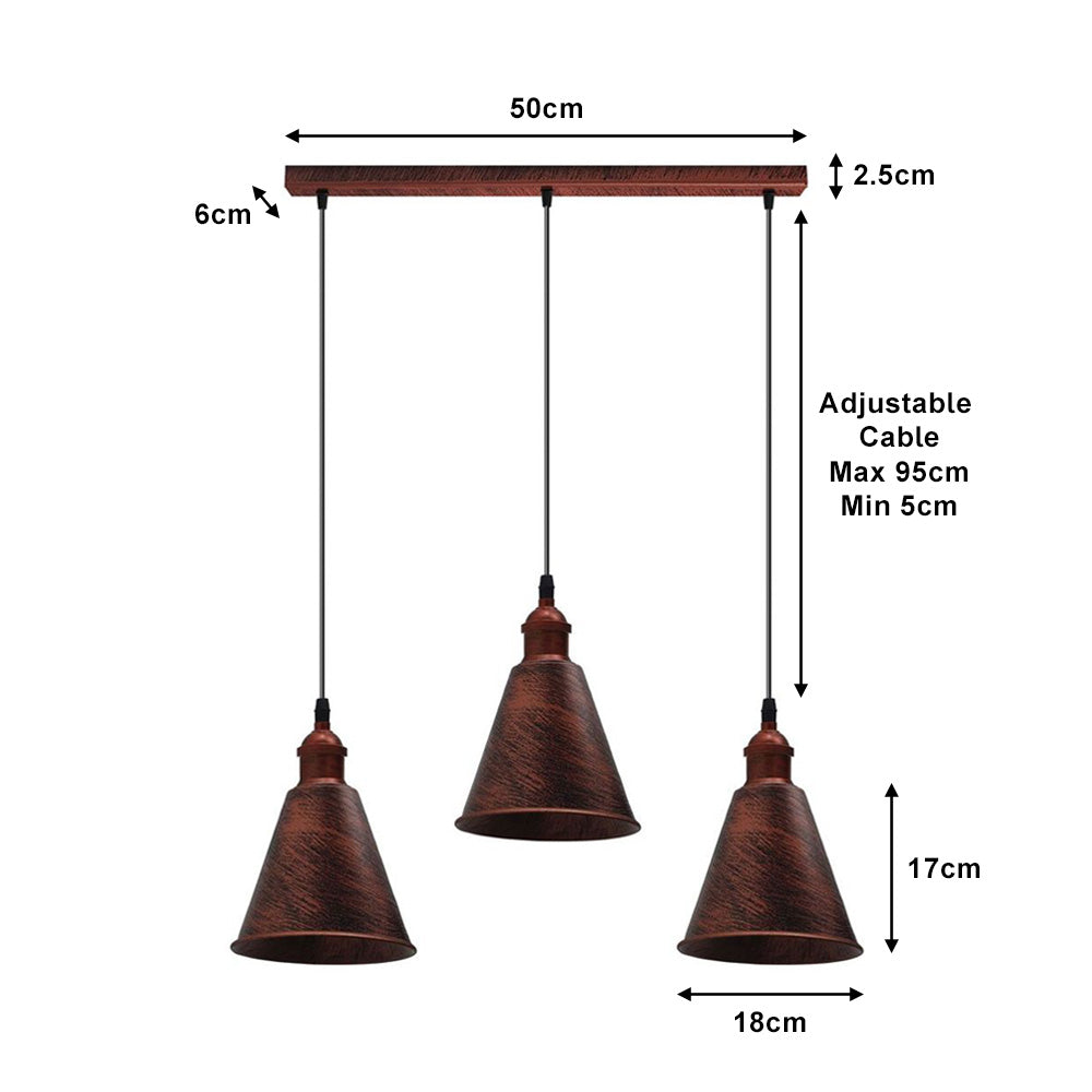 Rustic Red Tall Cone 3 Light Pendant - Without Bulbs
