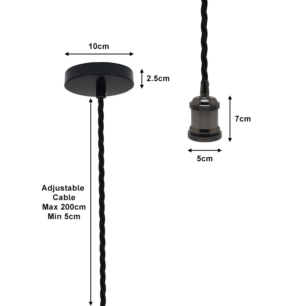 Shiny Black Vintage Metal Pendant Light Fitting & 2m Twisted Cable - Without Bulb