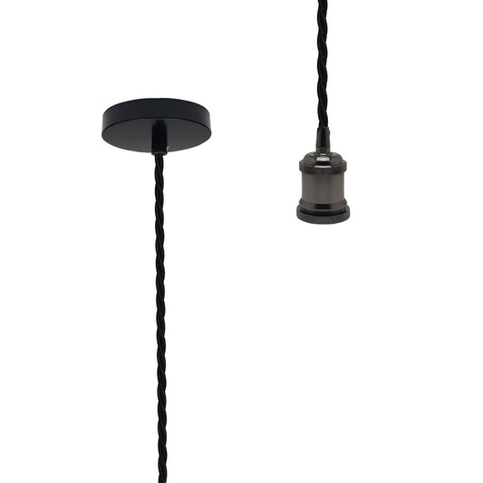 Shiny Black Vintage Metal Pendant Light Fitting & 2m Twisted Cable - Without Bulb