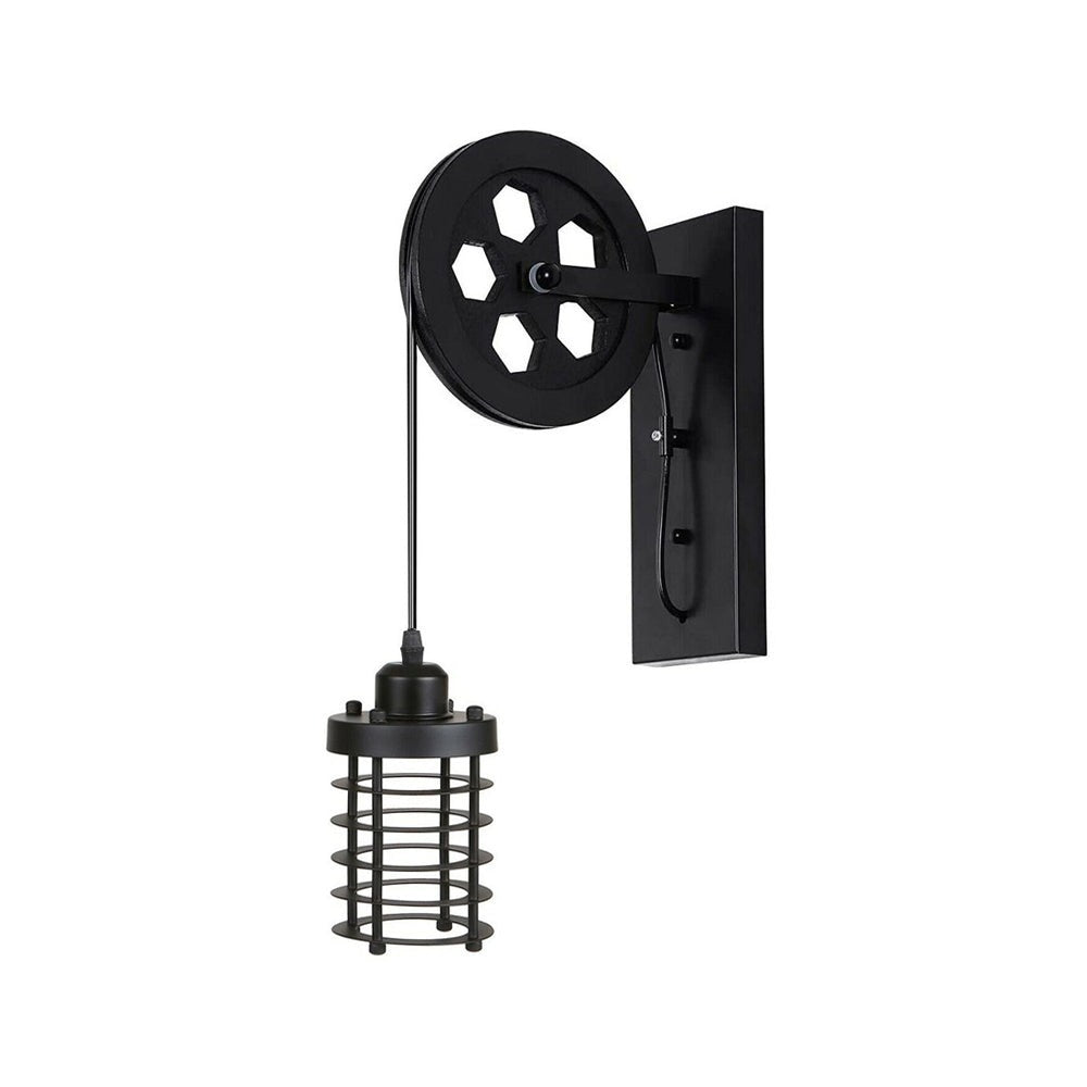Black Cylinder Cage Pulley Light - Wall Mounted