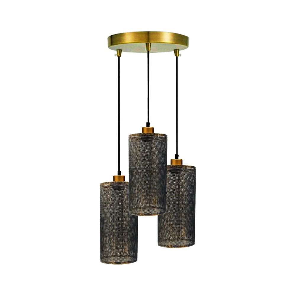 Brushed Copper 3 Way Cage Cylinder Pendant Light