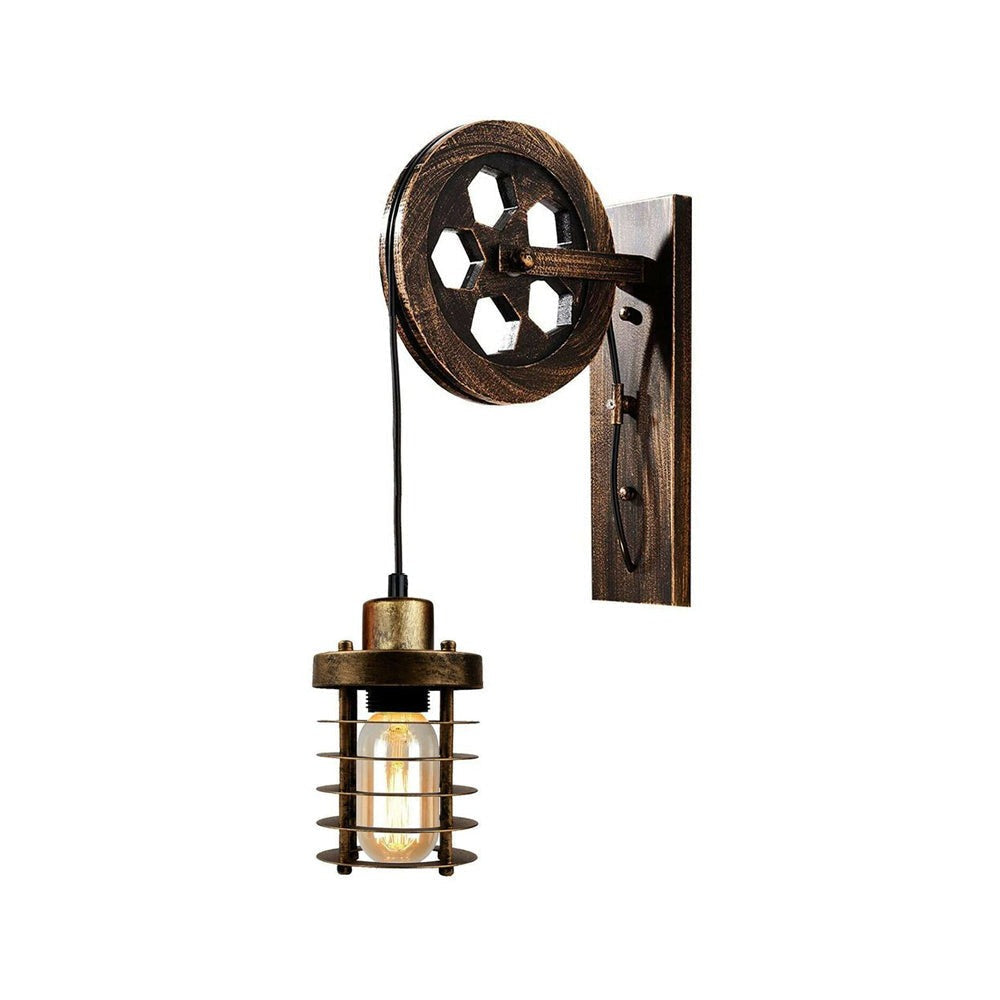 Brushed Copper Cylinder Cage Pulley Light - Wall Mounted