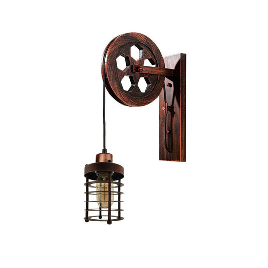 Rustic Red Cylinder Cage Pulley Light - Wall Mounted