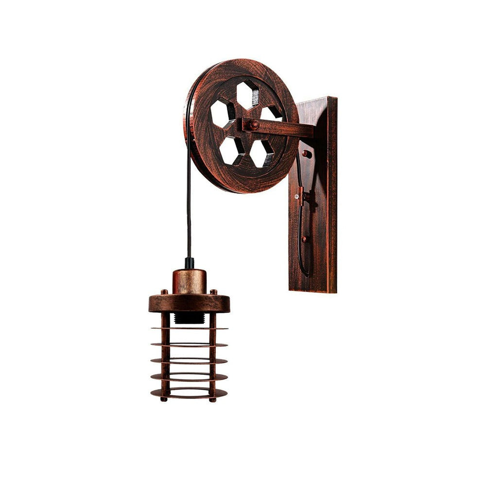 Rustic Red Cylinder Cage Pulley Light - Wall Mounted