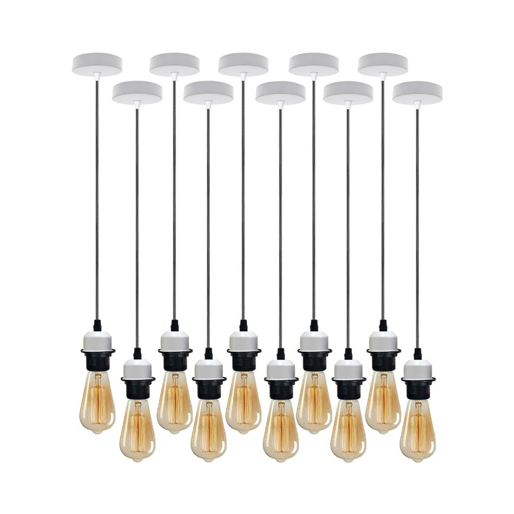 10 Pack Industrial White Pendant Light Fittings - With Bulbs