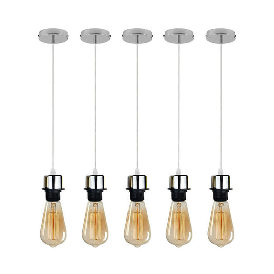 5 Pack Industrial Chrome Pendant Light Fittings - With Bulbs