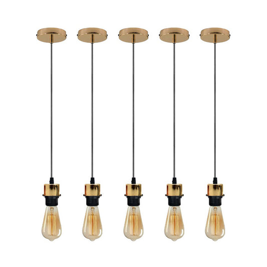 5 Pack Industrial French Gold Pendant Light Fittings - With Bulbs