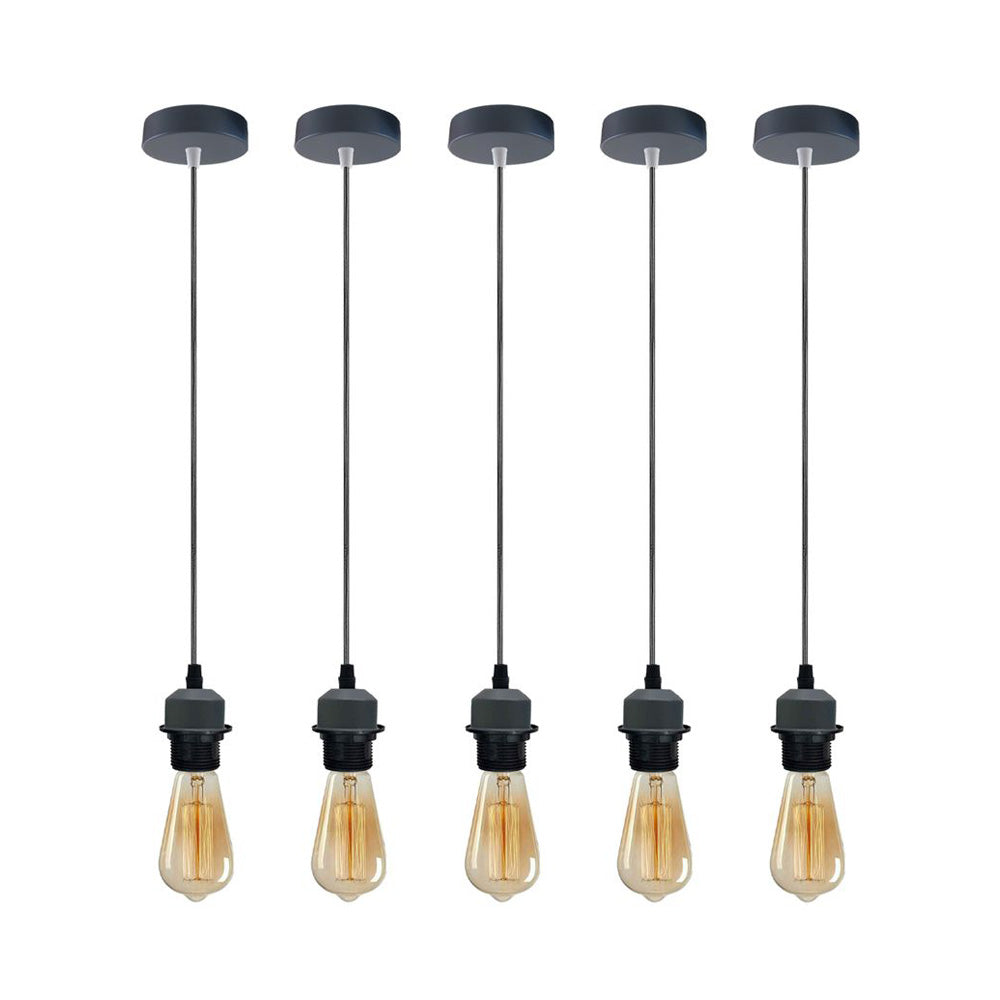 5 Pack Industrial Grey Pendant Light Fittings - With Bulbs