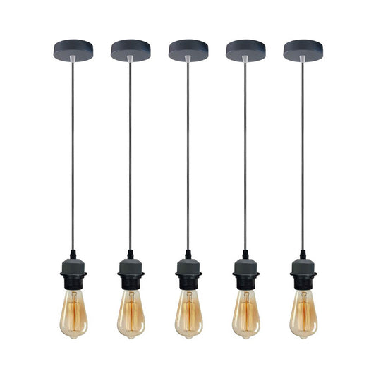 5 Pack Industrial Grey Pendant Light Fittings - With Bulbs