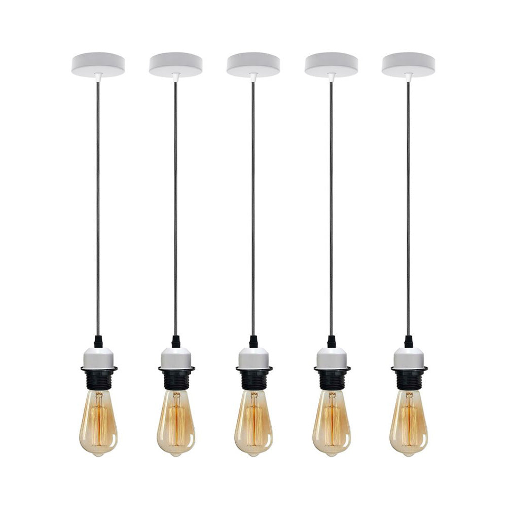 5 Pack Industrial White Pendant Light Fittings - With Bulbs