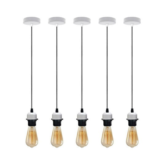 5 Pack Industrial White Pendant Light Fittings - With Bulbs