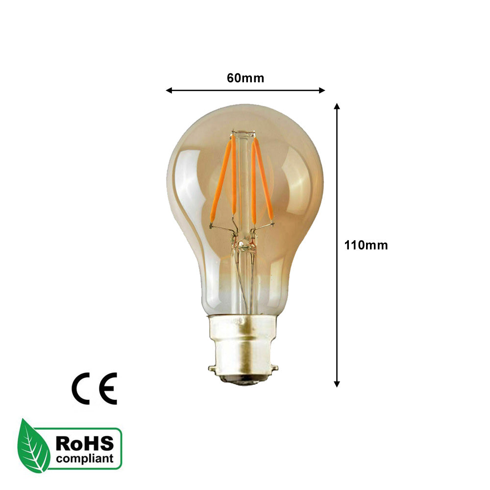 A60 B22 / E27 - 4W / 8W Edison Dimmable LED Bulbs - Vintage Amber / Cool White - 2 Pack