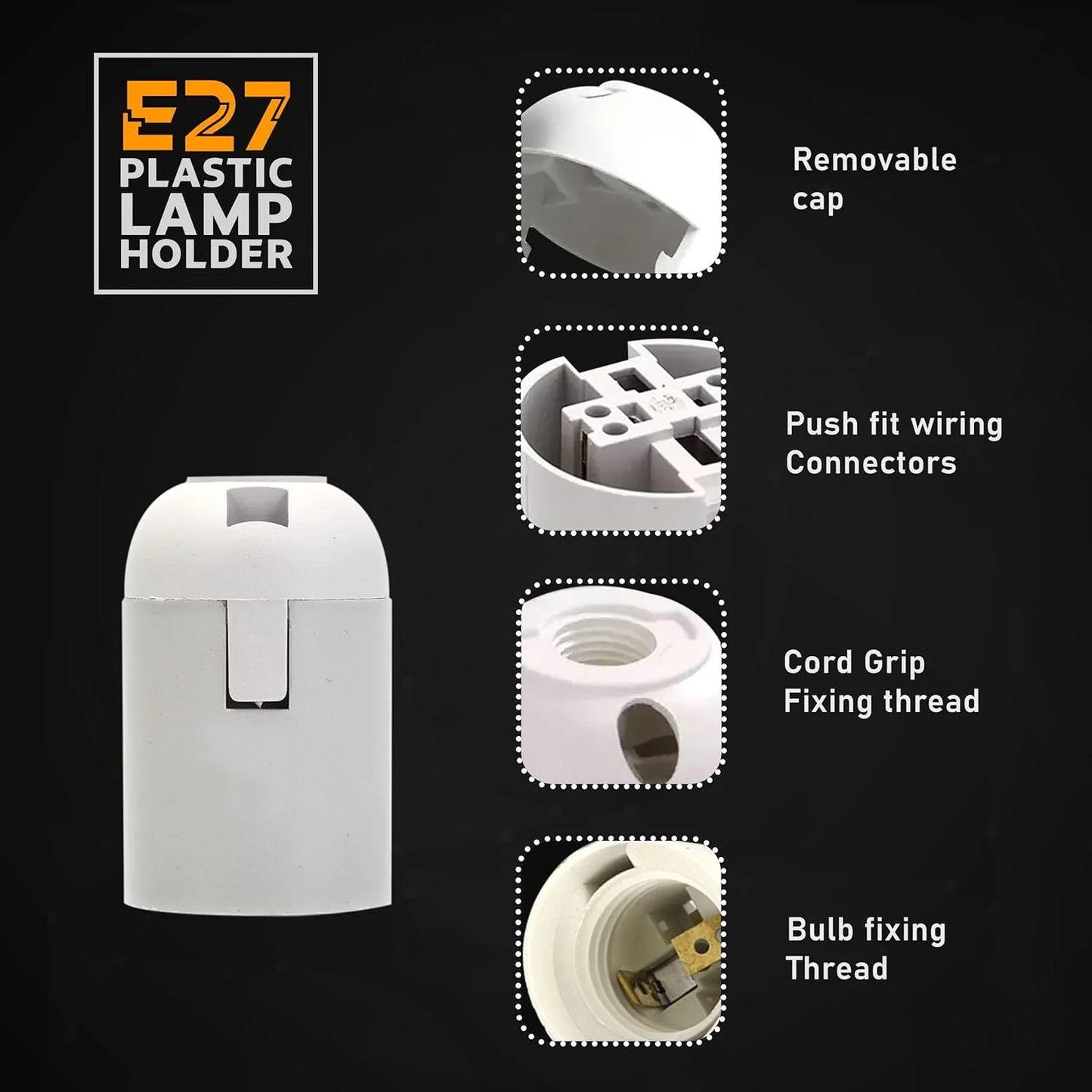 White E27 Bakelite Plastic Pendant Lamp Holder - Edison Screw Bulb Holder