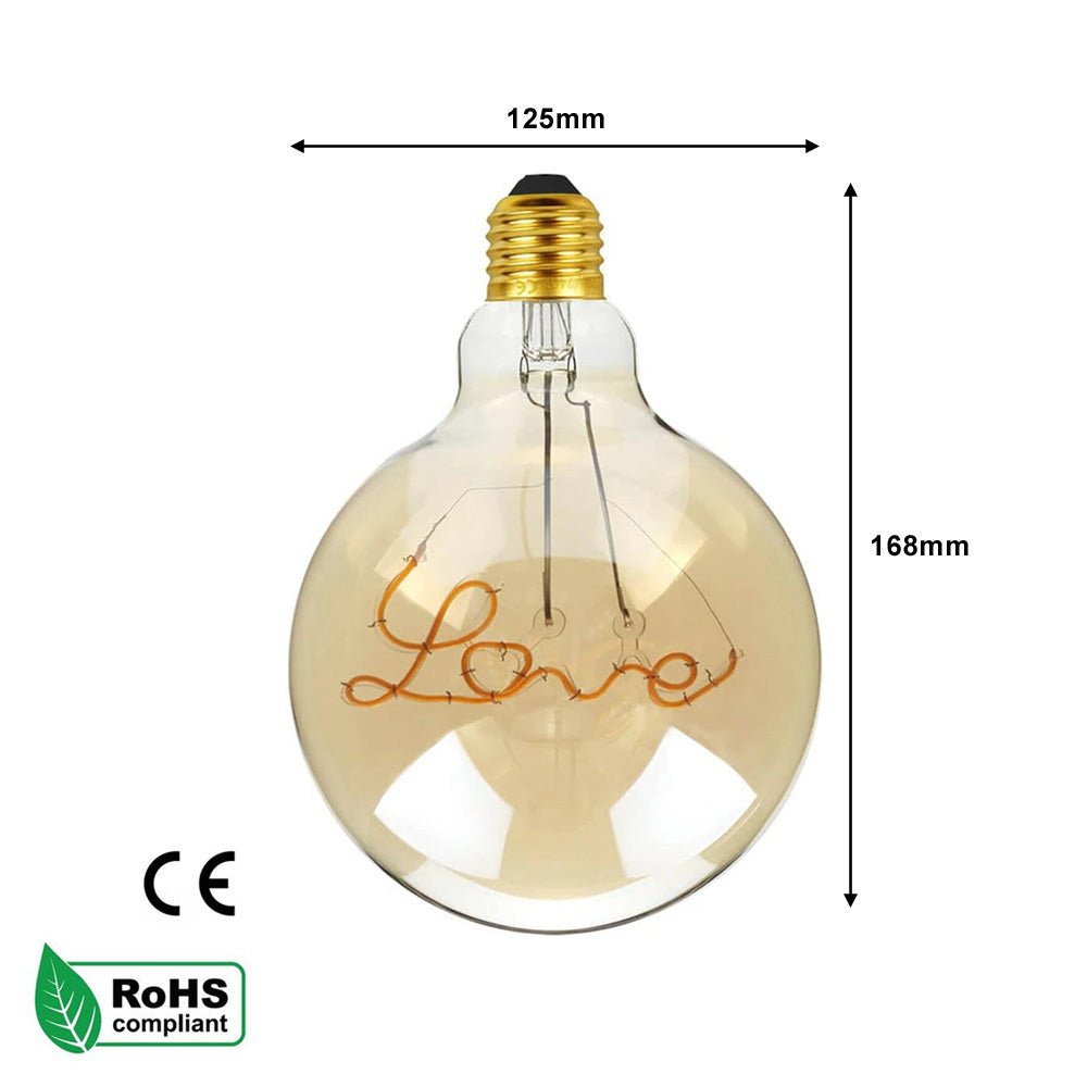 G125 E27 4W Edison Dimmable LED Bulb - Love Filament - Vintage Amber - Warm White 2700K