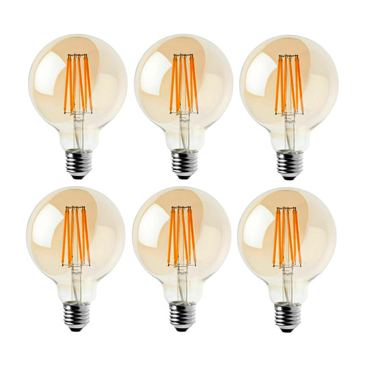 G95 E27 8W Edison Dimmable LED Bulbs - Vintage Amber - Warm White 2700K - 6 Pack