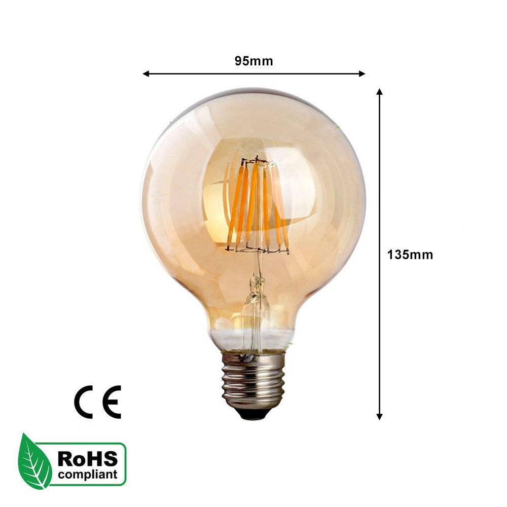 G95 E27 8W Edison Dimmable LED Bulb - Vintage Amber - Warm White