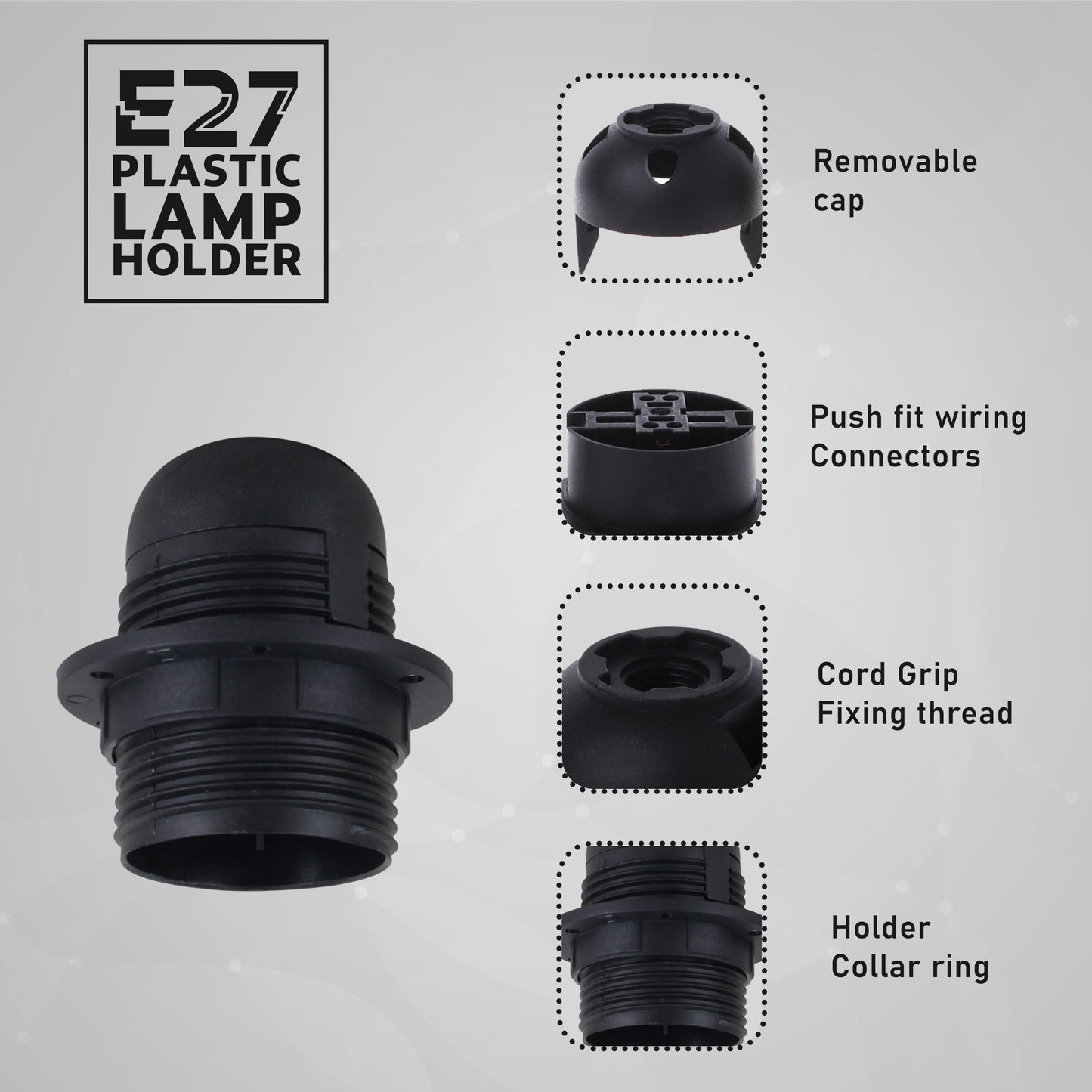 Black E27 Plastic Pendant Lamp Holder with Removable Lampshade Collar - Bulb Holder