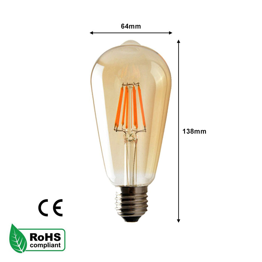 ST64 E27 6W Edison Dimmable LED Bulbs - Vintage Amber - Warm White 2700K - 2 Pack