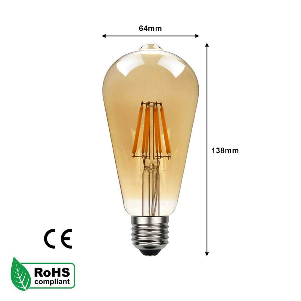 ST64 E27 8W Edison Dimmable LED Bulb - Vintage Amber - Warm White 2700K