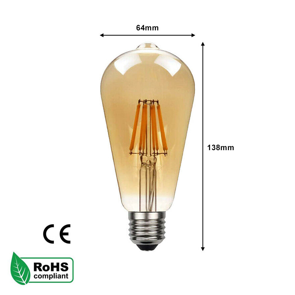 ST64 E27 8W Edison Dimmable LED Bulbs - Vintage Amber - Warm White 2700K - 5 Pack