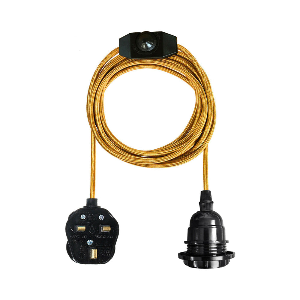 Black E27 Vintage Plastic Lamp Holder with 2m Gold Fabric Cable - UK Plug & Dimmer Switch