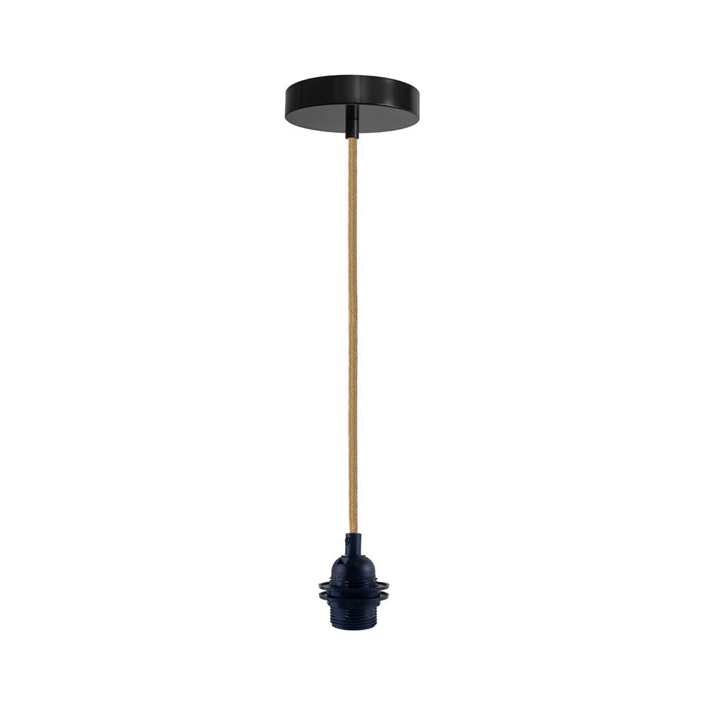 Black E27 Vintage Plastic Pendant Lamp Holder with Hemp Cable - Rustic Bulb Holder