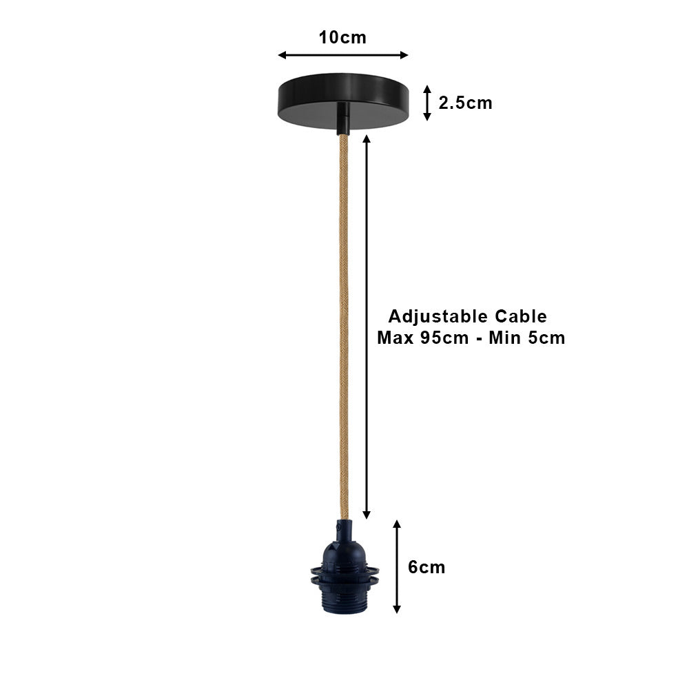 Black E27 Vintage Plastic Pendant Lamp Holder with Hemp Cable - Rustic Bulb Holder