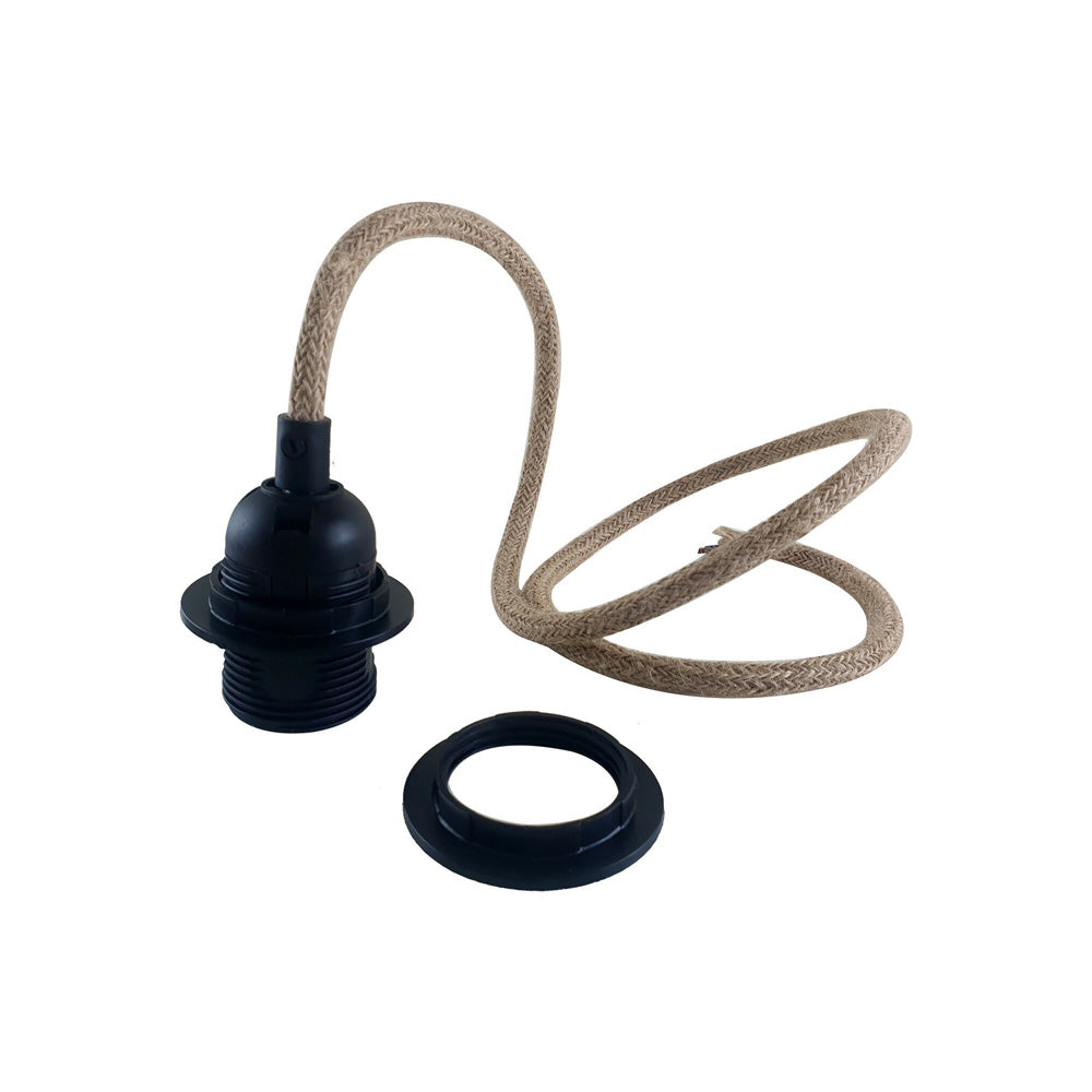 Black E27 Vintage Plastic Pendant Lamp Holder with Hemp Cable - Rustic Bulb Holder
