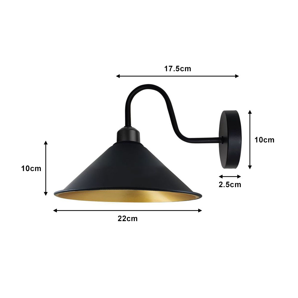 Black (Gold Inner) Cone Retro Swan Neck Wall Light - Without Bulb