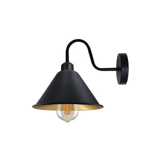 Black (Gold Inner) Cone Vintage Swan Neck Wall Light - With Bulb