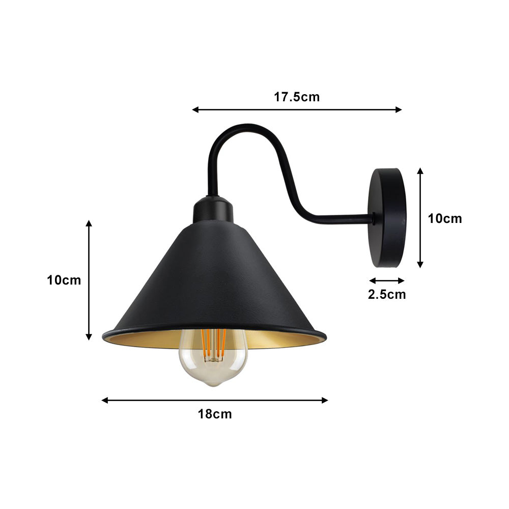 Black (Gold Inner) Cone Vintage Swan Neck Wall Light - With Bulb