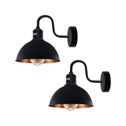 Black (Gold Inner) Dome Industrial Swan Neck Wall Lights - 2 Pack