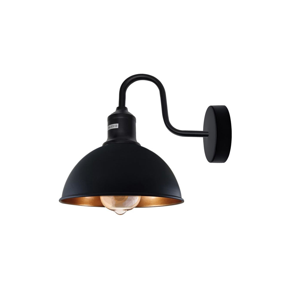 Black (Gold Inner) Dome Industrial Swan Neck Wall Light Home