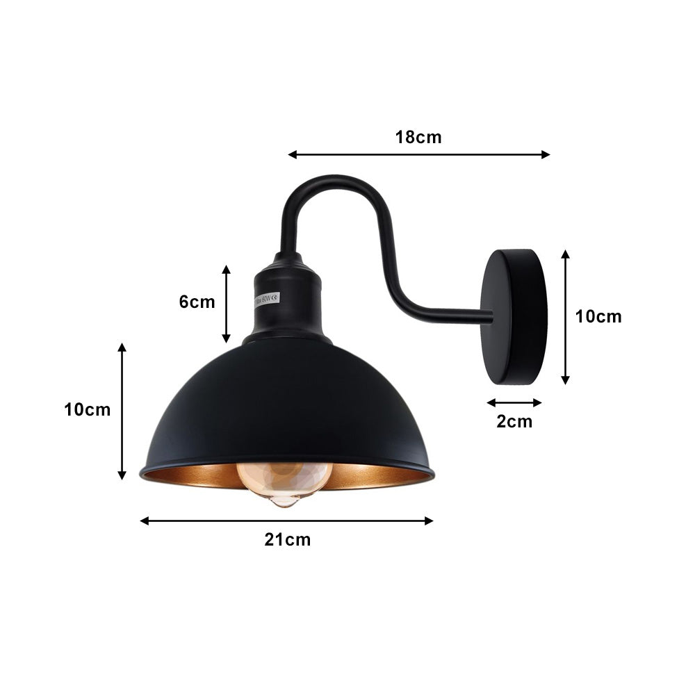 Black (Gold Inner) Dome Industrial Swan Neck Wall Lights - 2 Pack