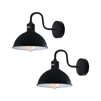 Black (White Inner) Dome Industrial Swan Neck Wall Lights - 2 Pack