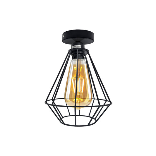 Black Retro Cage Industrial Ceiling Light - With Bulb